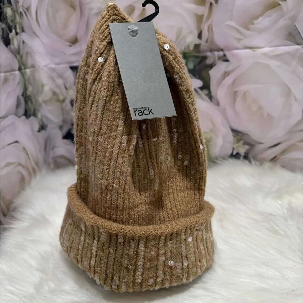 Tan Ribbed Knit Beanie with Sequins